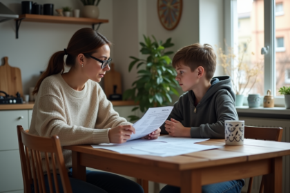 Femme et adolescent discutent de finances à la cuisine