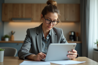 Femme d'affaires lisant des documents dans la cuisine moderne