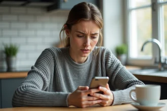 Femme consultant un annuaire inversé sur son smartphone pour identifier un numéro inconnu