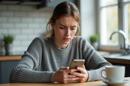 Femme consultant un annuaire inversé sur son smartphone pour identifier un numéro inconnu
