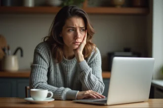 Femme inquiète consultant une annonce Le Bon Coin sur son ordinateur portable à la maison pour annuler un achat