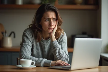 Femme inquiète consultant une annonce Le Bon Coin sur son ordinateur portable à la maison pour annuler un achat