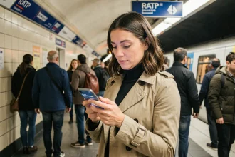 Femme consultant une application RATP en temps réel sur son smartphone dans le métro parisien aux heures de pointe