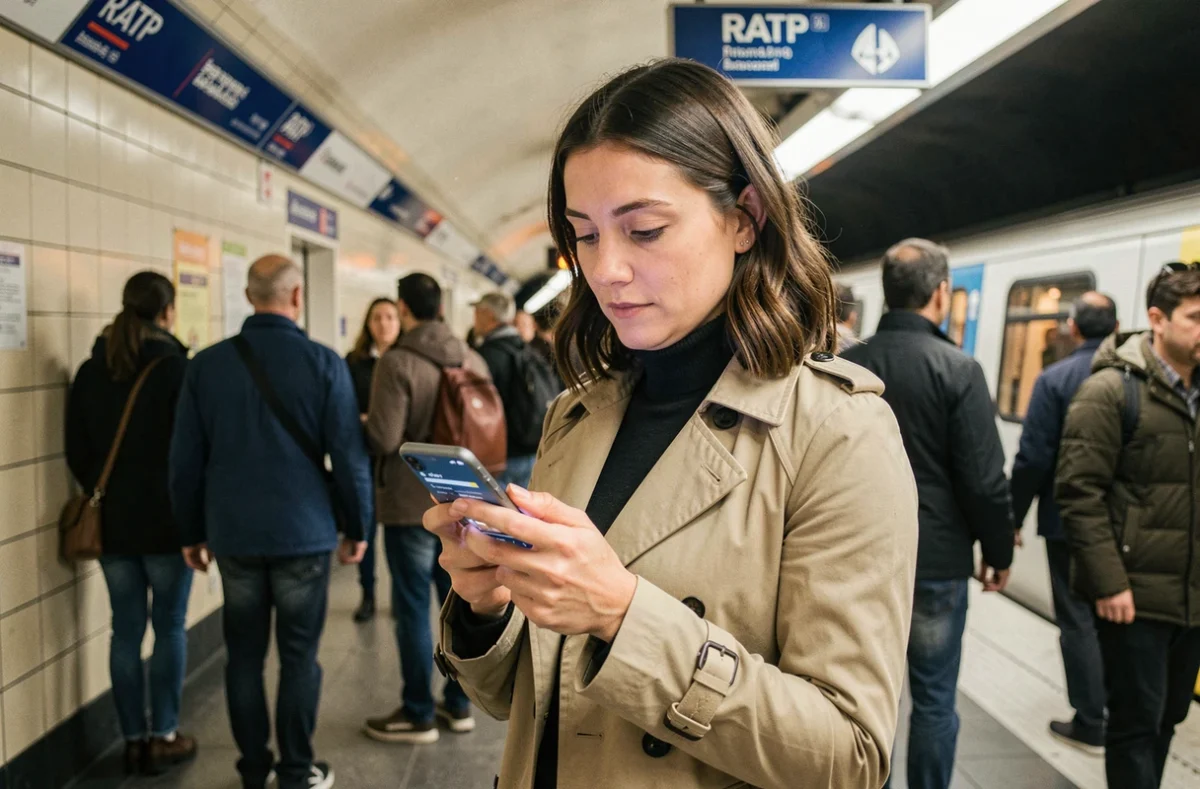 Femme consultant une application RATP en temps réel sur son smartphone dans le métro parisien aux heures de pointe