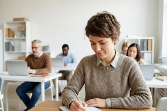 Femme concentrée prenant des notes en salle de classe
