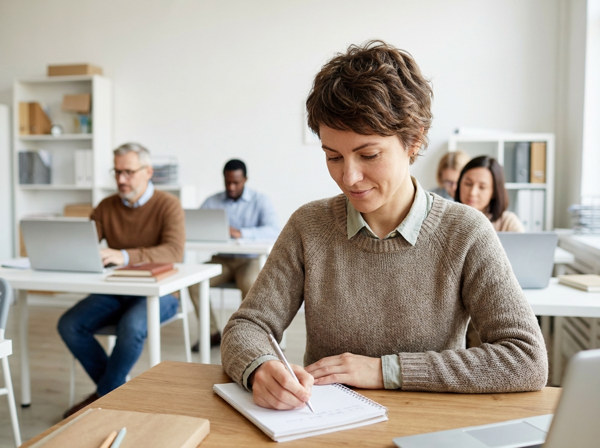 Femme concentrée prenant des notes en salle de classe
