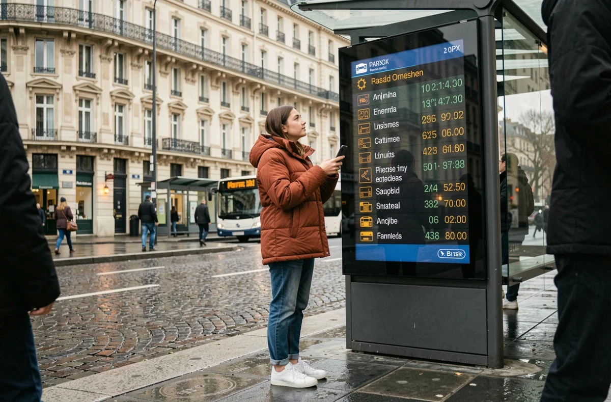Jeune femme devant un panneau d'affichage RATP en temps réel à un arrêt de bus parisien