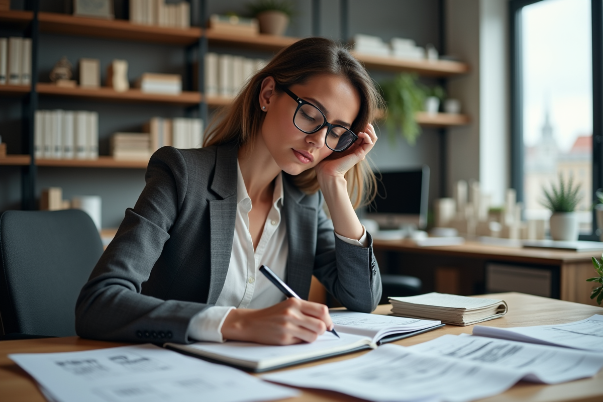 Femme en blazer prenant des notes dans un bureau moderne