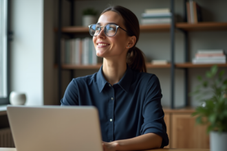 Femme élégante au bureau avec ordinateur portable