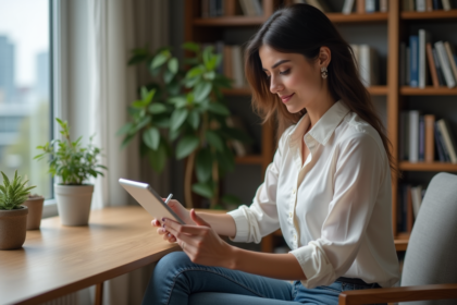 Jeune femme professionnelle utilisant une tablette dans un bureau moderne