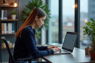Femme au bureau travaillant sur un ordinateur portable