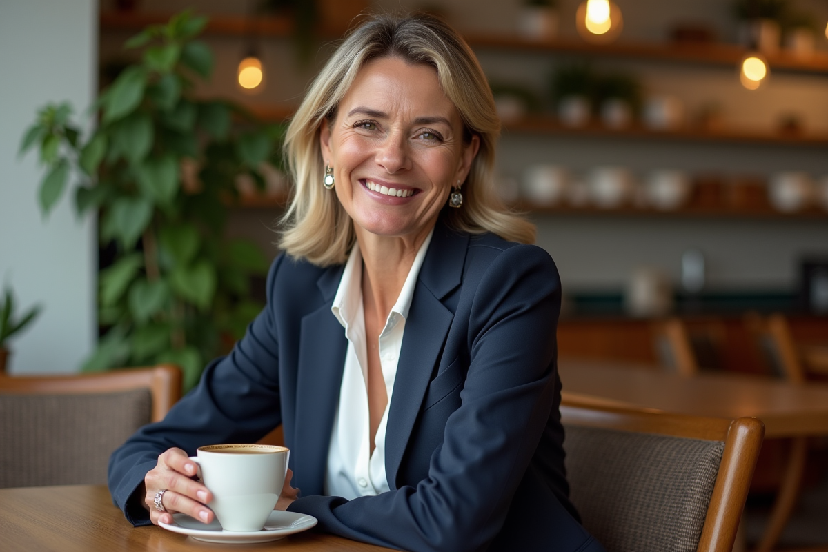 Femme en blazer navy dans un café moderne