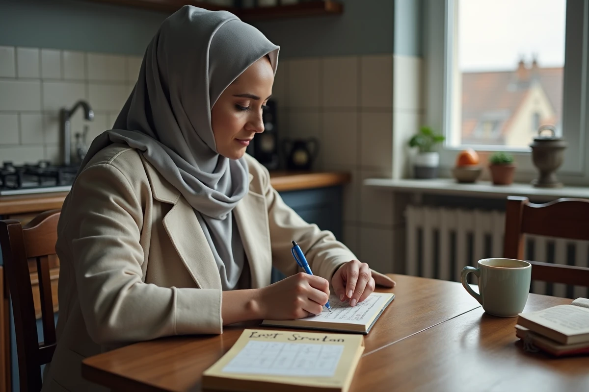 Femme écrivant les horaires de prière à la main sur un calendrier dans une cuisine de Nantes