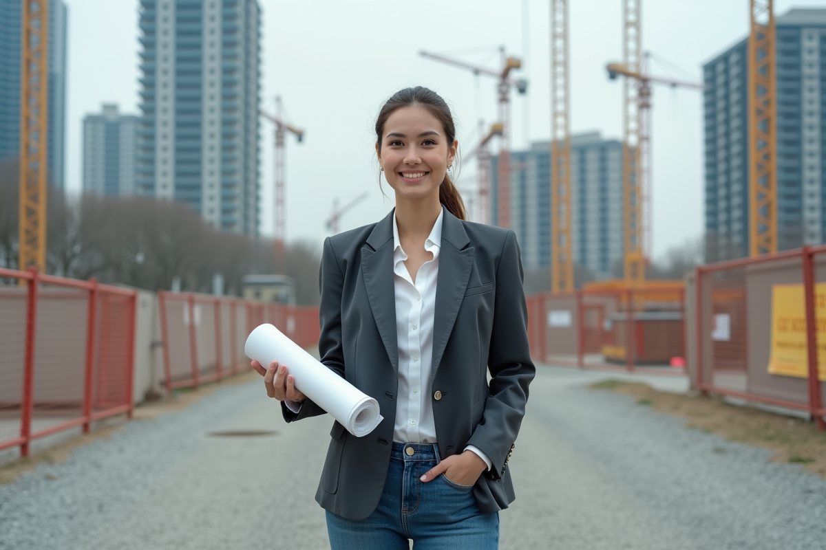 Jeune femme en urbanisme avec plan immobilier en main