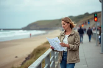 Femme vérifiant la marée sur la promenade d'Hendaye