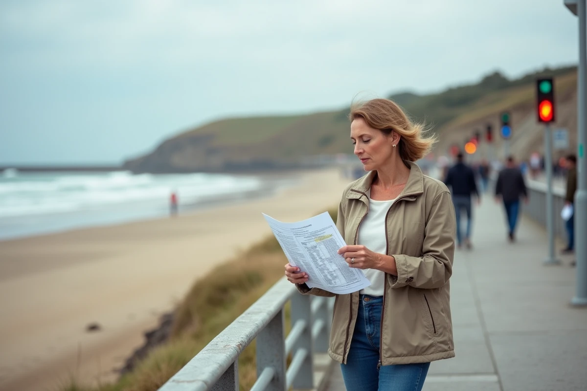 Femme vérifiant la marée sur la promenade d'Hendaye