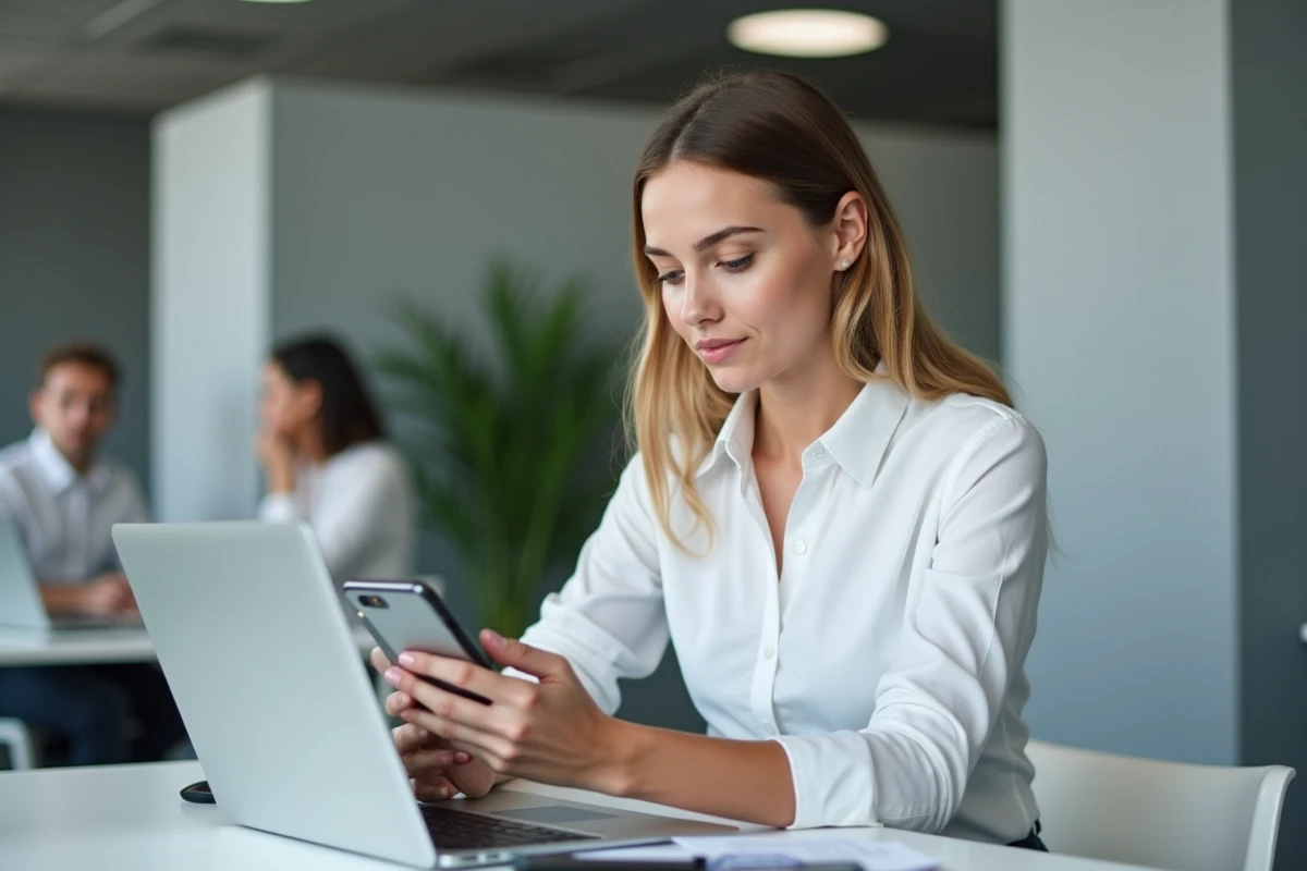 Jeune femme comparant des résultats d'annuaire inversé gratuit sur téléphone et ordinateur au bureau