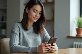 Femme comparant les prix d'un iPhone 15 reconditionné sur internet depuis un bureau à domicile