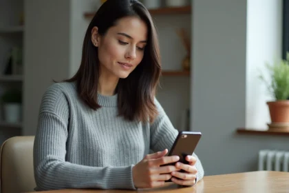 Femme comparant les prix d'un iPhone 15 reconditionné sur internet depuis un bureau à domicile