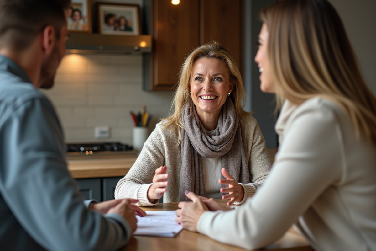 Femme souriante en conversation avec un conseiller à la cuisine