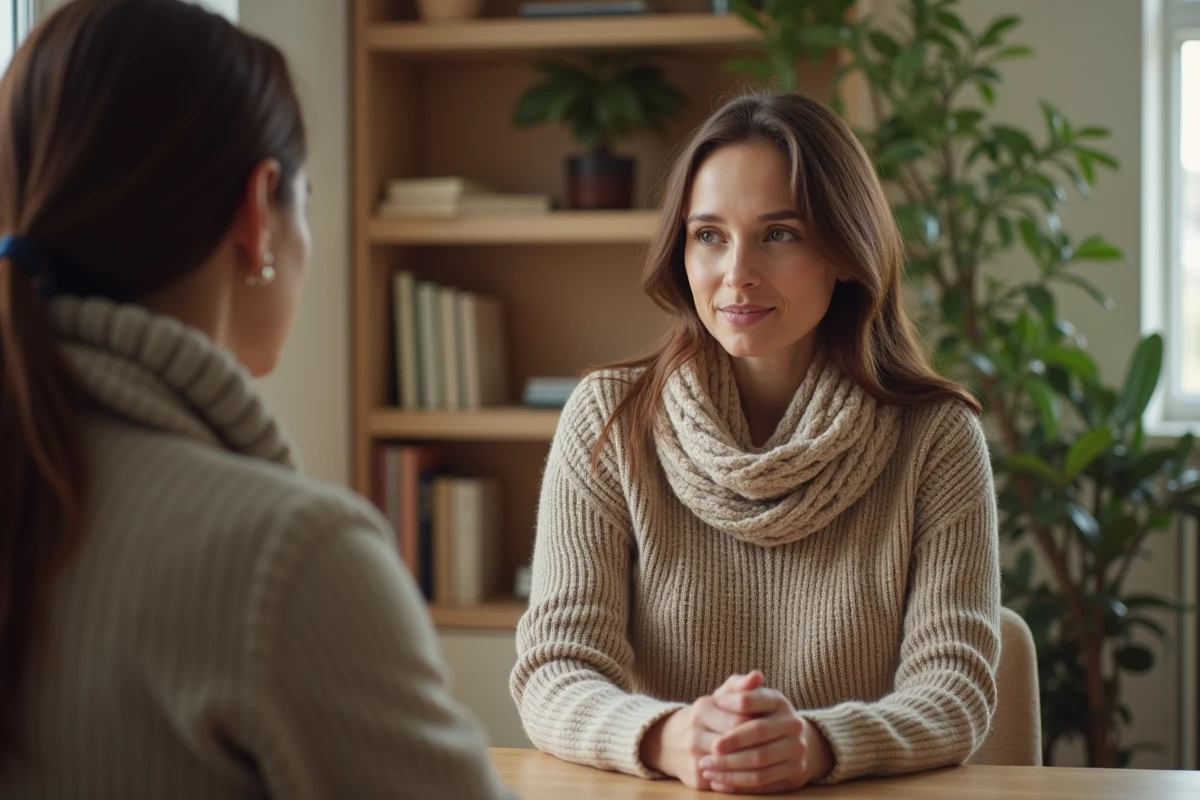 Femme en séance de thérapie dans un bureau chaleureux