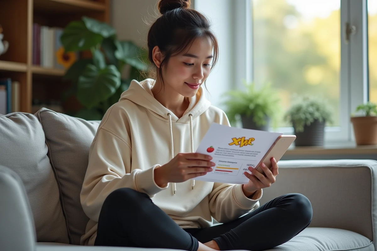Jeune femme consulte un planning XP sur smartphone dans un salon moderne