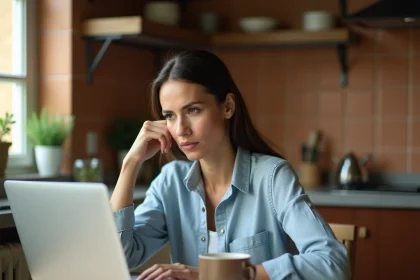 Femme consultant un correcteur automatique sur ordinateur portable avec une expression perplexe, assise dans une cuisine chaleureuse