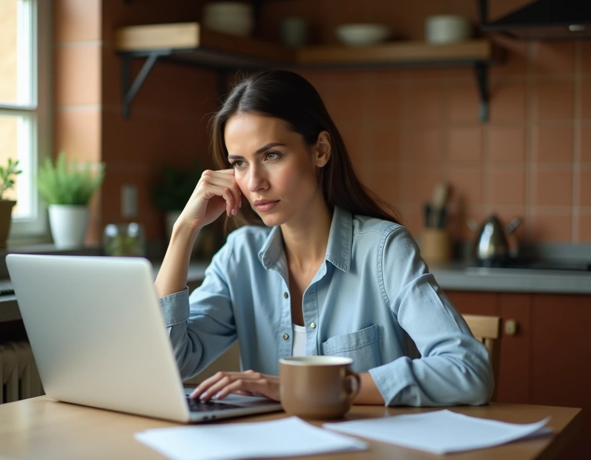 Femme consultant un correcteur automatique sur ordinateur portable avec une expression perplexe, assise dans une cuisine chaleureuse