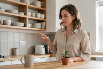 Femme dans une cuisine moderne pointant deux objets distincts pour illustrer la différence entre ceci et ceux-ci