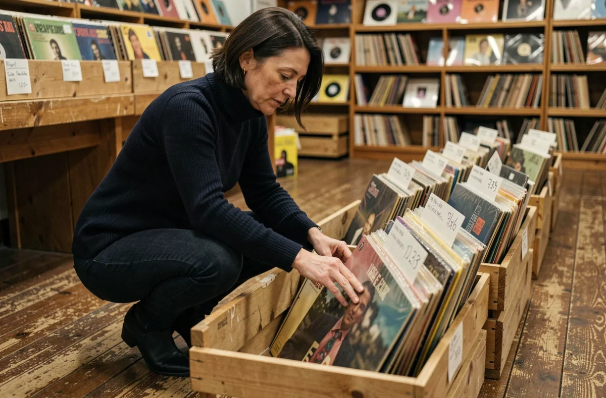 Femme feuilletant des vinyles de différentes tailles dans un magasin de disques vintage