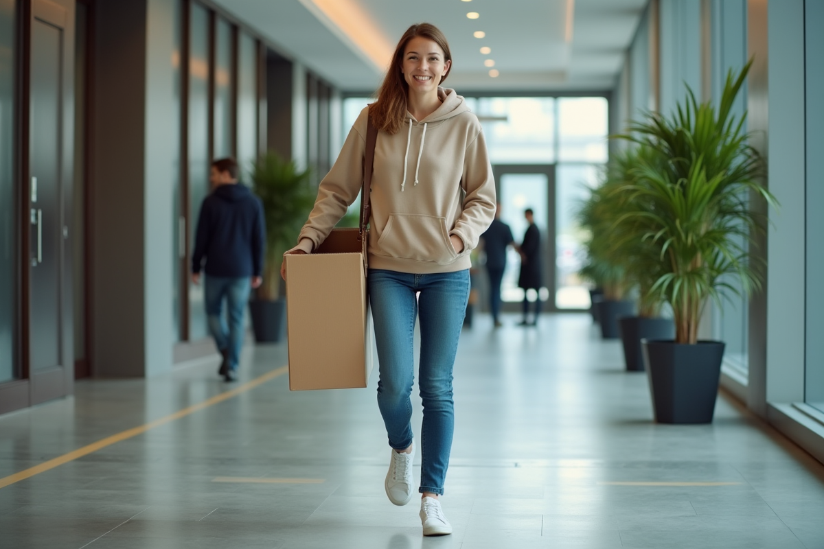 Femme portant une boîte dans un hall d