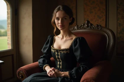 Portrait d'une femme européenne en style renaissance avec sourire mystérieux