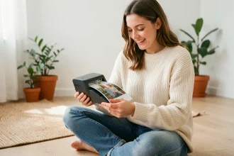 Jeune femme tenant une imprimante photo portable dans un salon scandinave, regardant une photo s'imprimer avec un sourire authentique