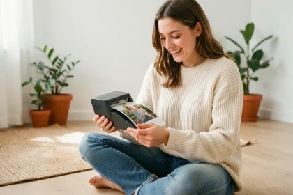 Jeune femme tenant une imprimante photo portable dans un salon scandinave, regardant une photo s'imprimer avec un sourire authentique