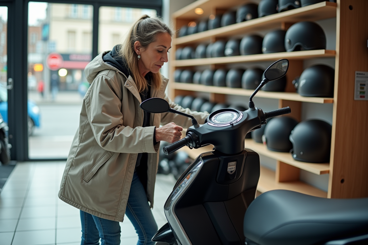 Femme regardant une moto Dax 50cc en showroom intérieur