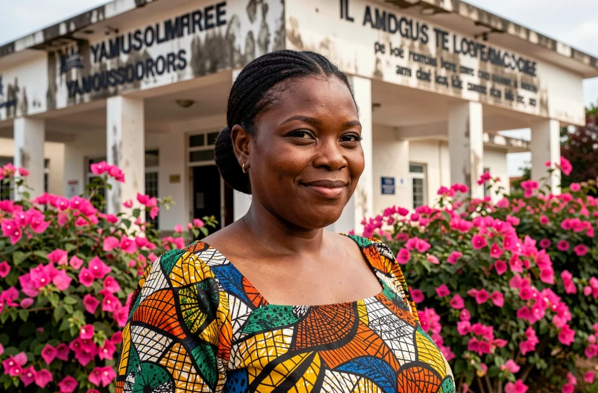 Femme ivoirienne en tenue traditionnelle devant un bâtiment administratif de Yamoussoukro, capitale politique