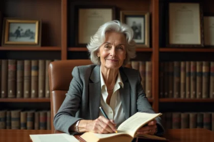 Femme âgée feuilletant des archives dans une bibliothèque chaleureuse