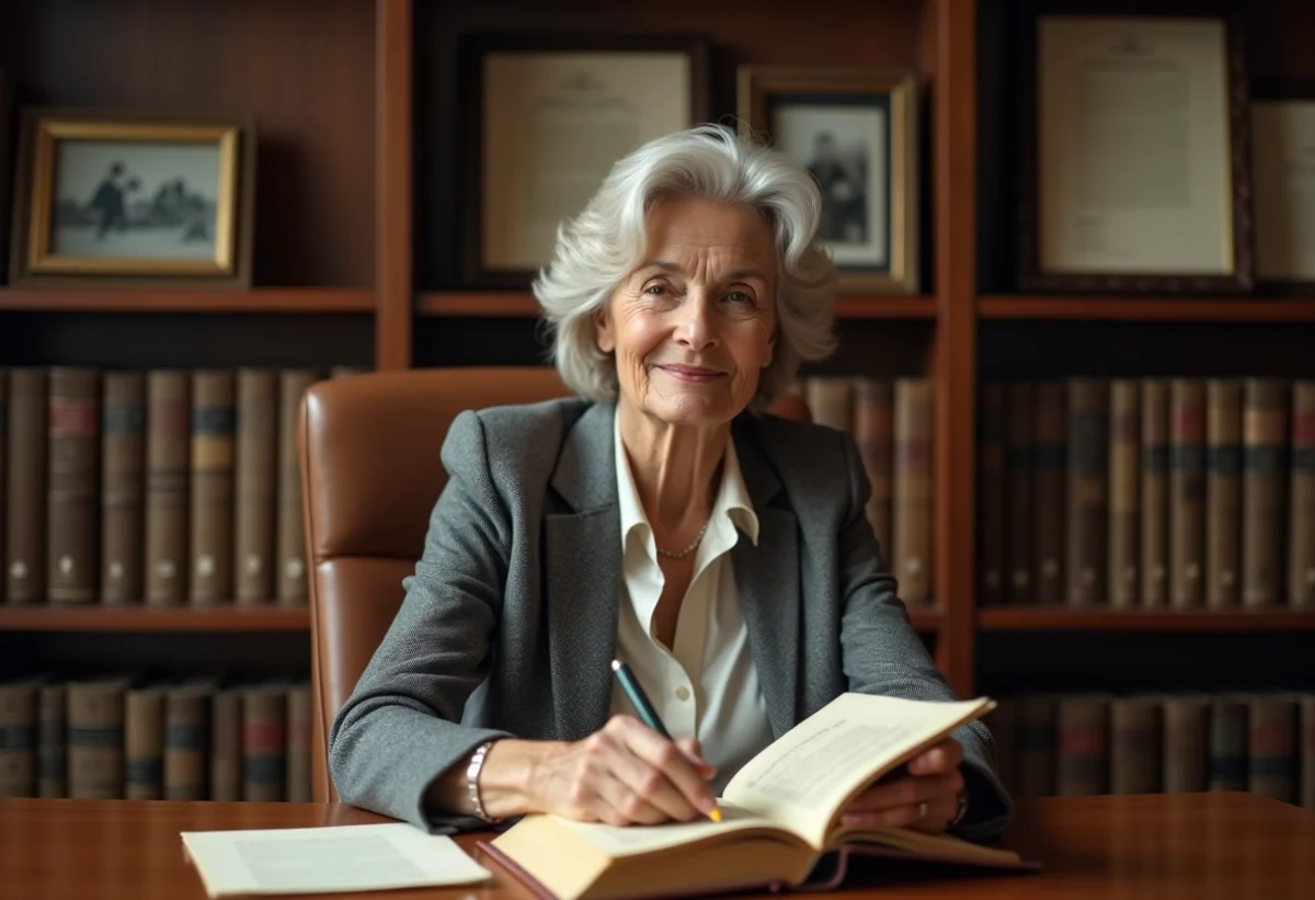 Femme âgée feuilletant des archives dans une bibliothèque chaleureuse