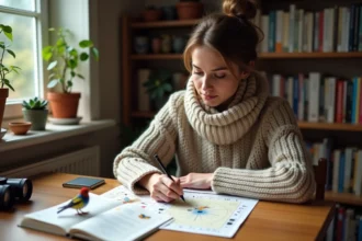 Femme lisant un livre d'oiseaux dans un bureau lumineux