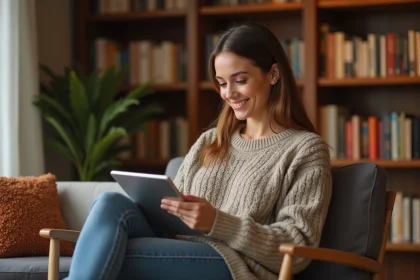 Femme lisant des ebooks de romance dans un salon cosy