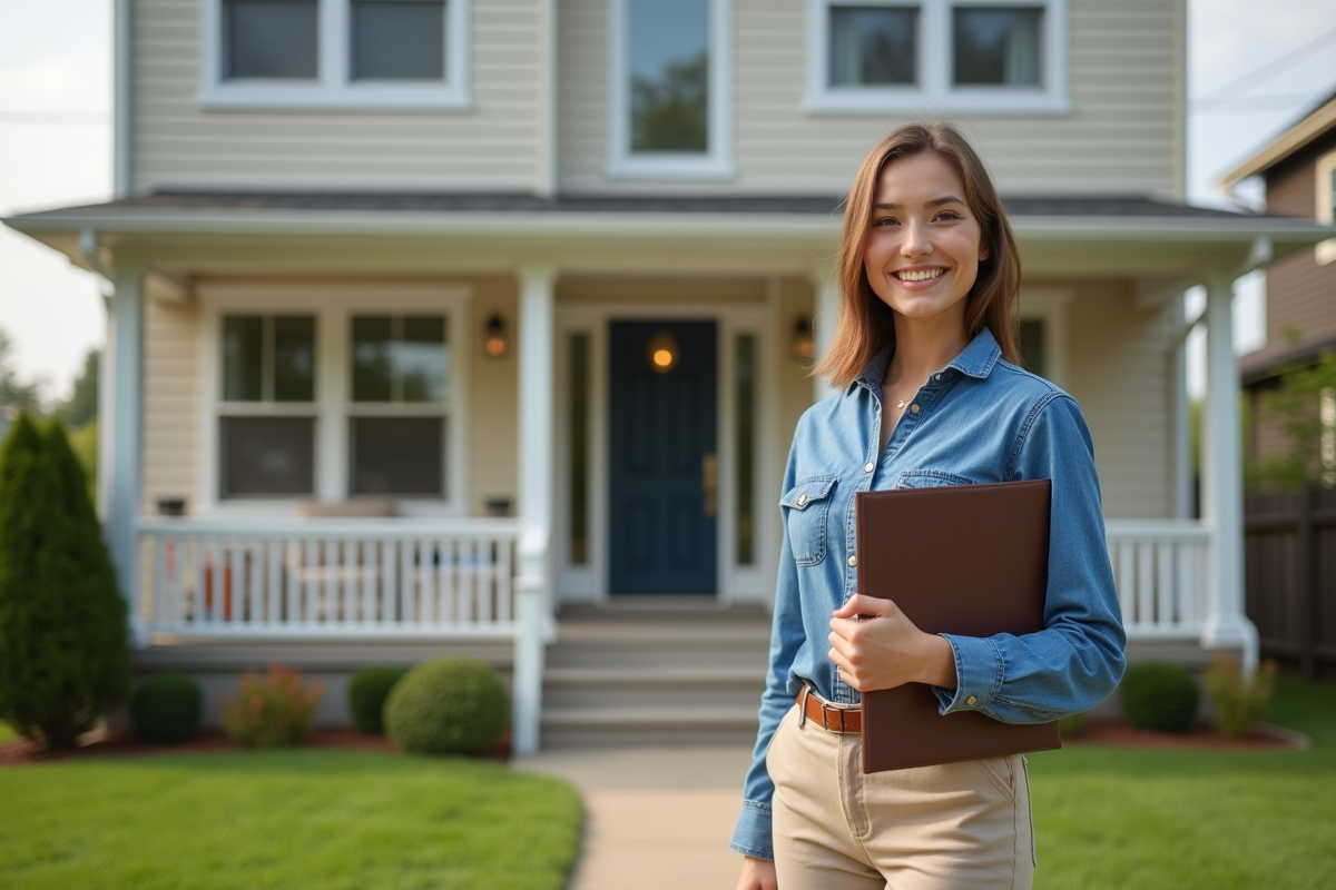 Jeune femme souriante devant une maison neuve avec clés et dossier mortgage