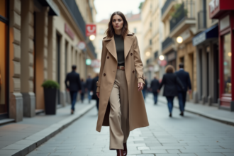 Femme élégante en trench beige dans une rue urbaine