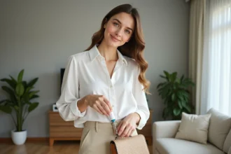 Jeune femme nettoyant son sac à main avec un rouleau adhésif