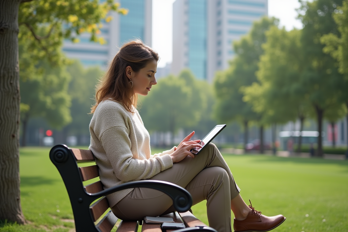 Jeune femme utilisant une tablette dans un parc urbain