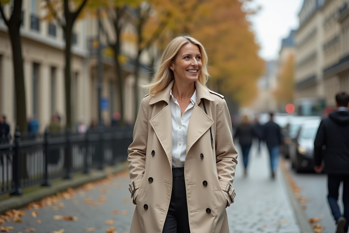 Femme élégante marchant dans une rue parisienne automne