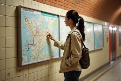 Femme consultant le plan du métro de Toulouse affiché dans une station souterraine