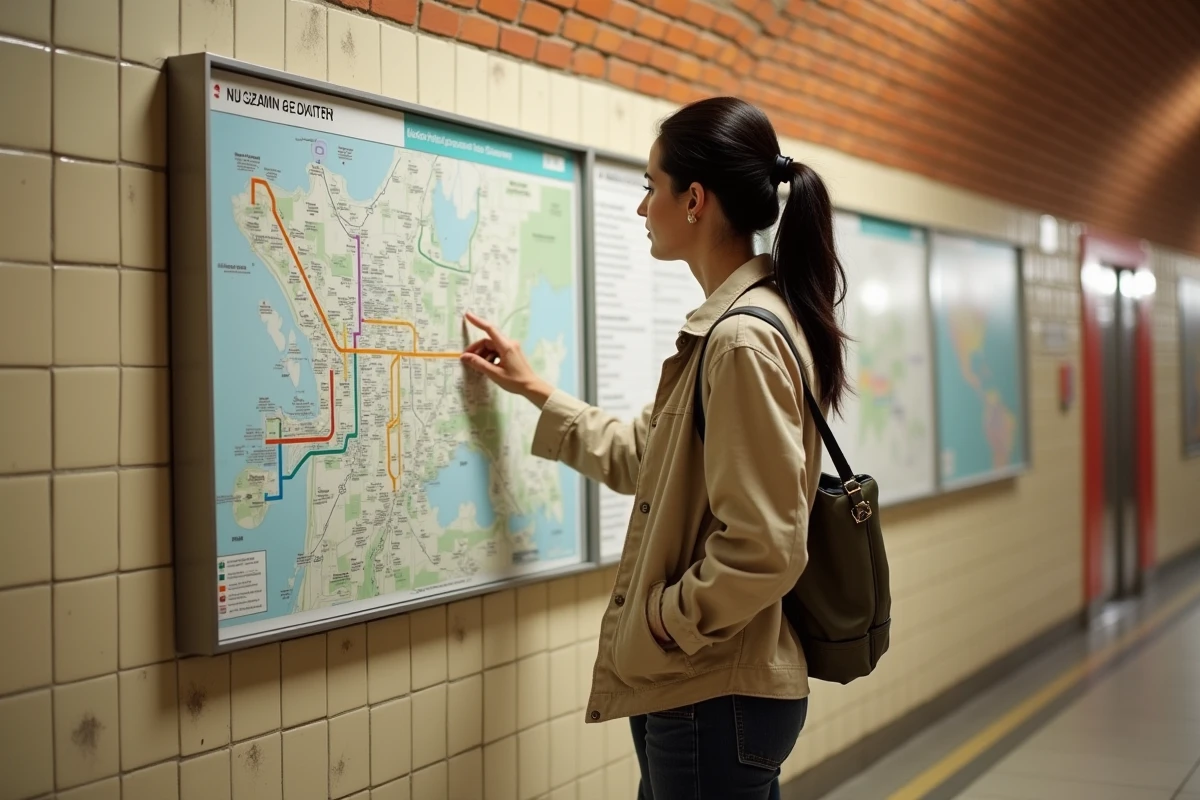 Femme consultant le plan du métro de Toulouse affiché dans une station souterraine