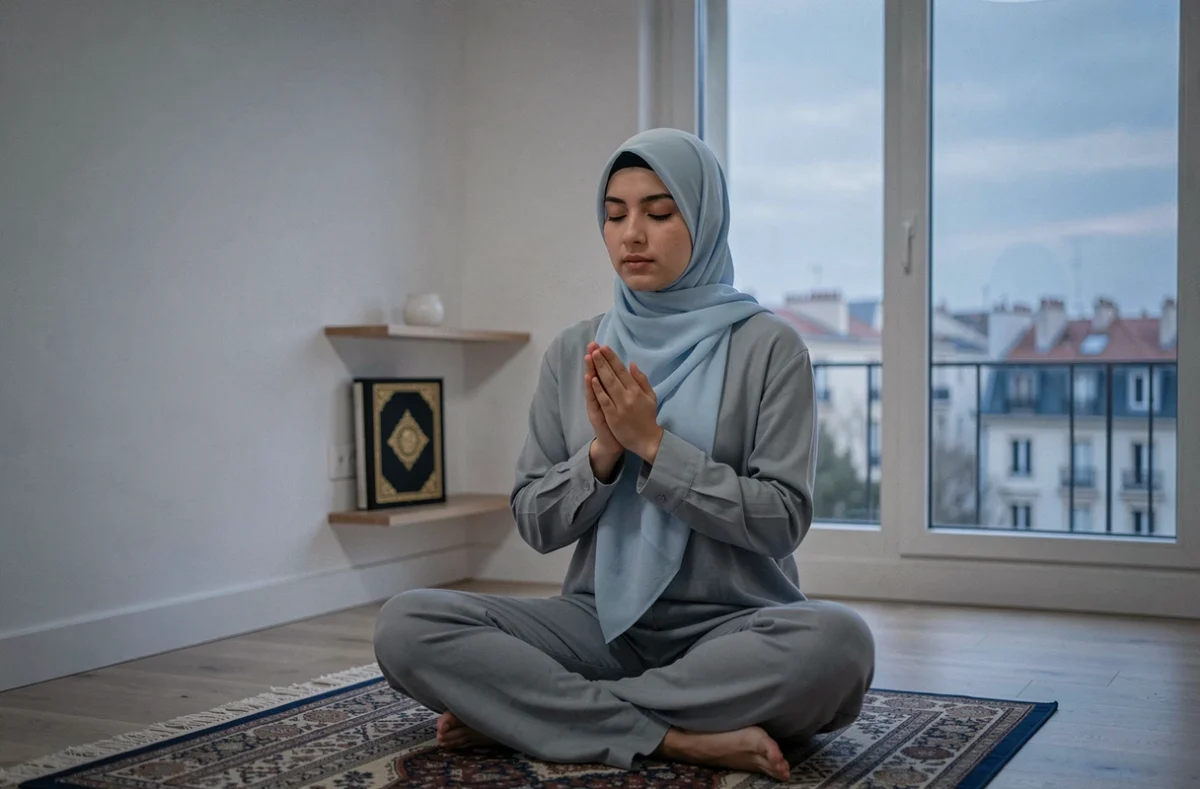 Jeune femme en hijab faisant sa prière du soir dans un appartement avec vue sur Montpellier