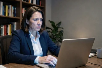 Femme professionnelle consultant ses emails tardifs le soir dans un bureau à domicile, illustrant les bonnes pratiques d'envoi de mails à 22h