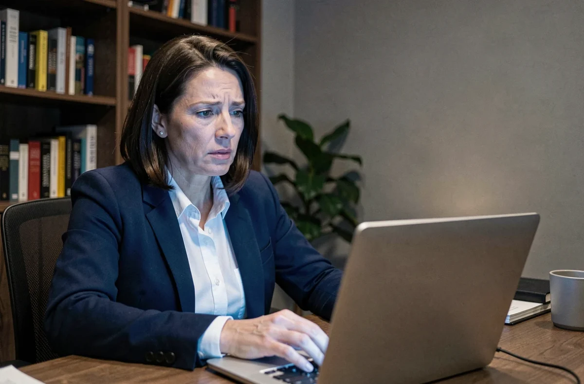 Femme professionnelle consultant ses emails tardifs le soir dans un bureau à domicile, illustrant les bonnes pratiques d'envoi de mails à 22h